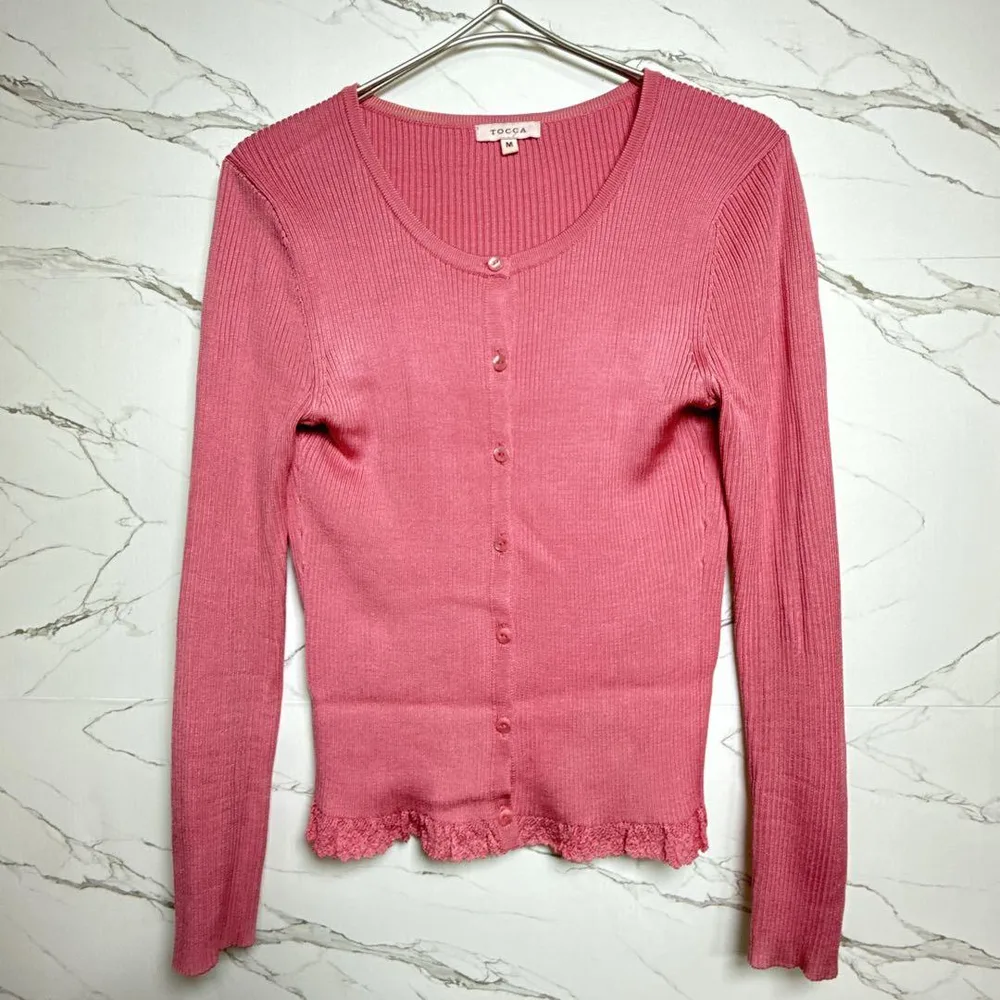 TOCCA トッカ シルク100% リブニットカーディガン M ローズピンク