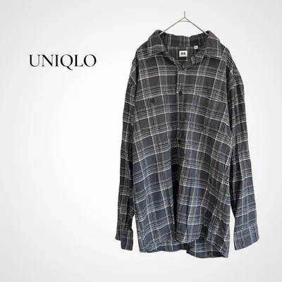 ユニクロ メンズ フランネルシャツ XL チェック柄 グレー コットン 羽織り