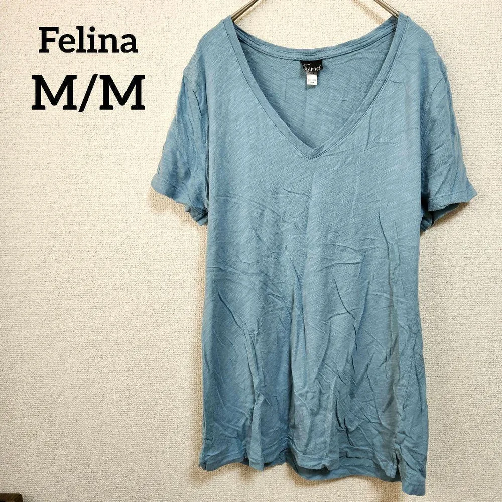 Felina 【M/M】 Vネック 半袖Tシャツ 青 ブルー ユニセックス 無地