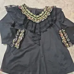 non non dorl花柄刺繍 フリルブラウス ブラック
