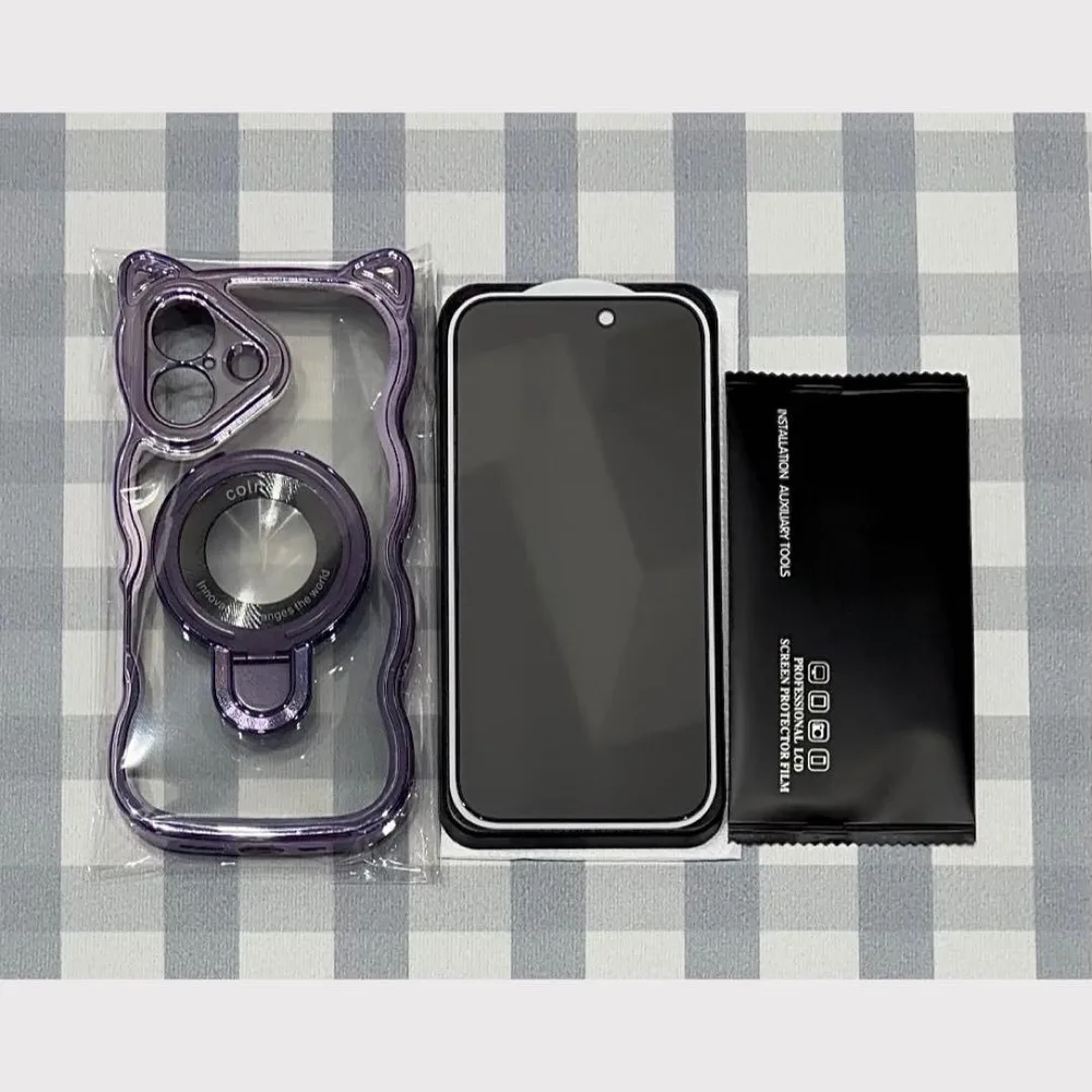 【 iPhone17用ケース / 保護フィルム 】猫耳 ウェーブ パープル