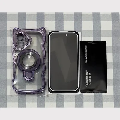【 iPhone17用ケース / 保護フィルム 】猫耳 ウェーブ パープル