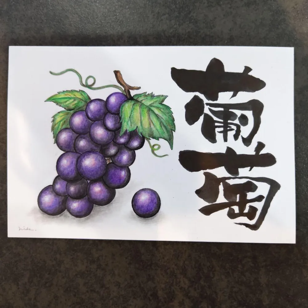 ぶどうのイラスト 筆文字アート 色鉛筆画