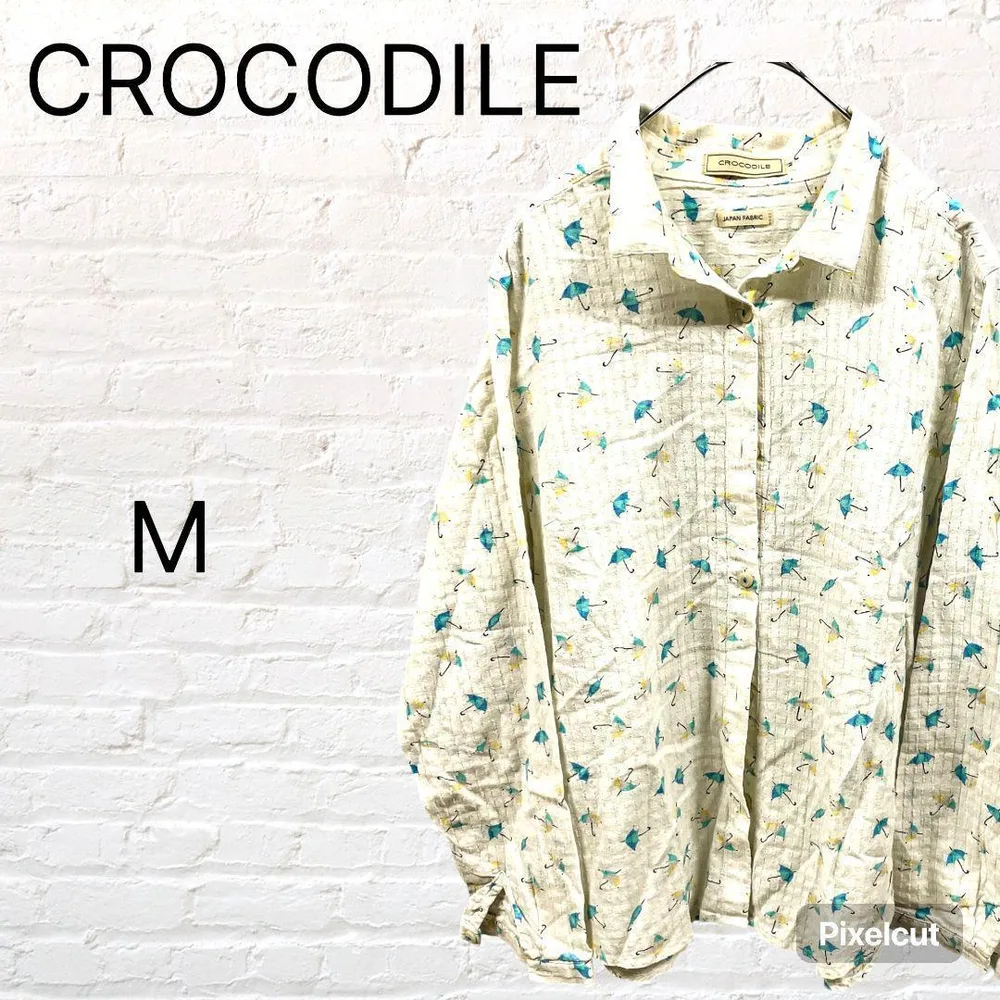 クロコダイル CROCODILE 長袖シャツ 傘柄 Mサイズ 日本製 ホワイト