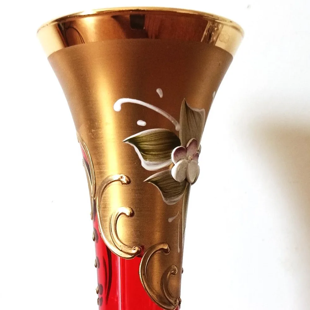 【伝統工芸】ベネチアングラス 一輪挿し 花瓶 ルビーレッド 金彩 立体盛り絵
