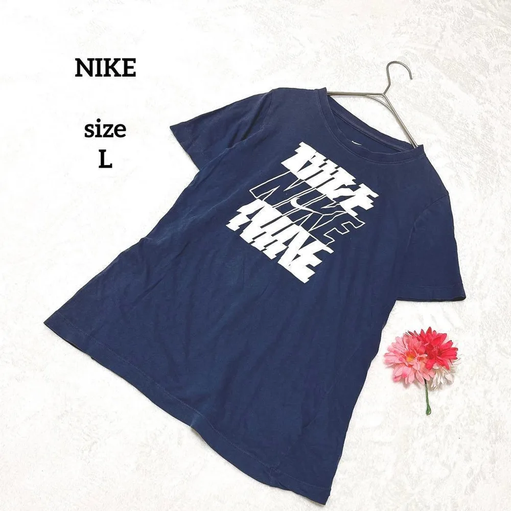 NIKE ナイキ プリントTシャツ 半袖Tシャツ ネイビー レディース ロゴ L