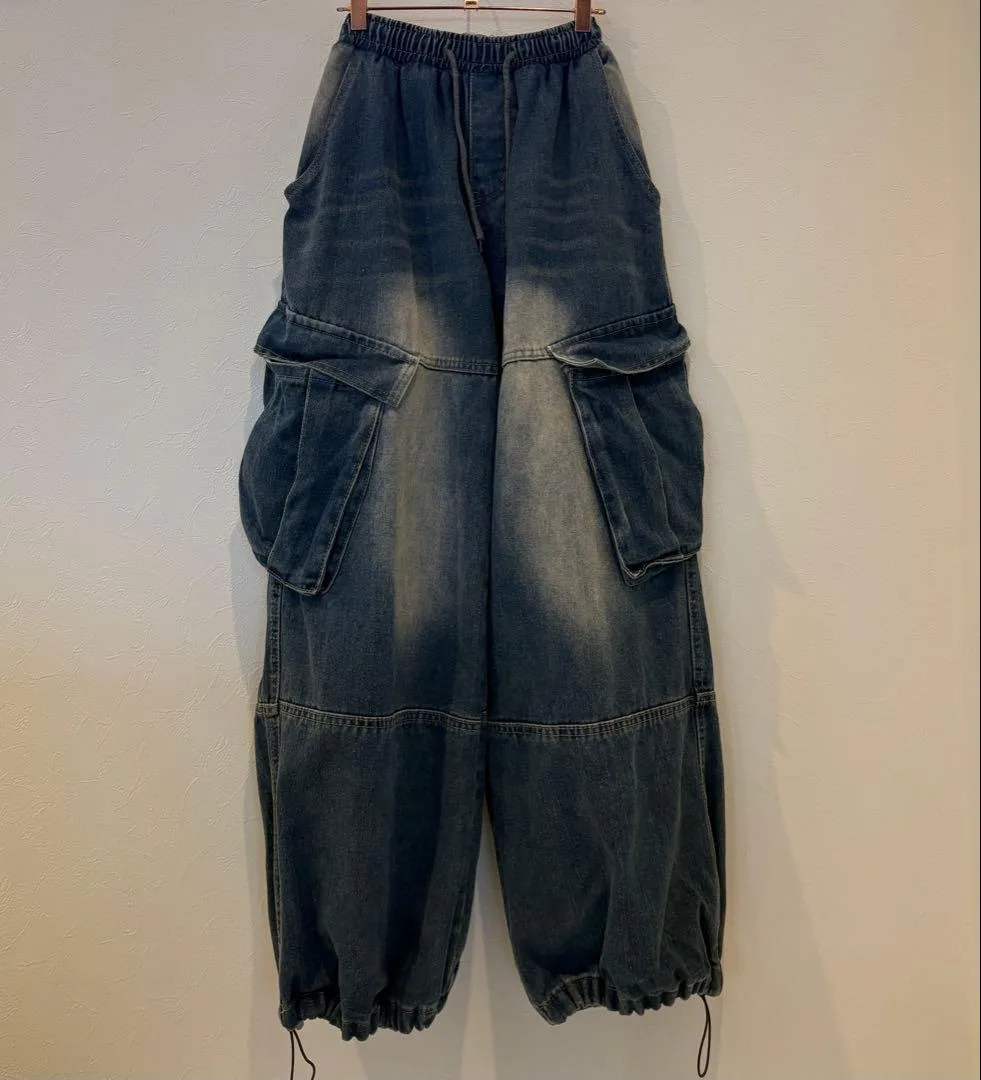 ヴィンテージ ワイド カーゴ デニム パンツ ダメージ加工