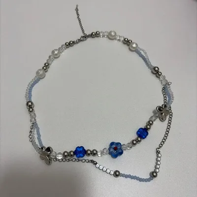 ハンドメイド ビーズネックレス ブルーフラワー