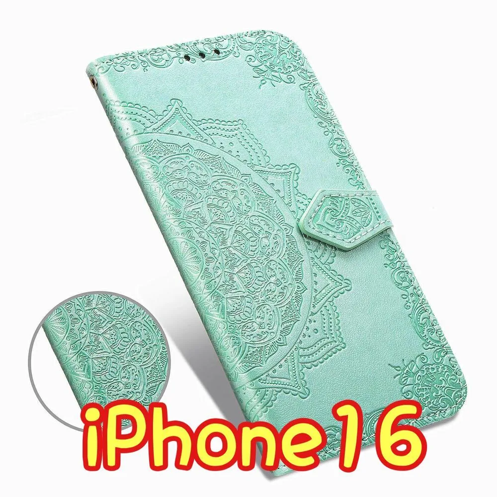 エンボス加工スマホケース 手帳型 iPhone16 グリーン ⑩