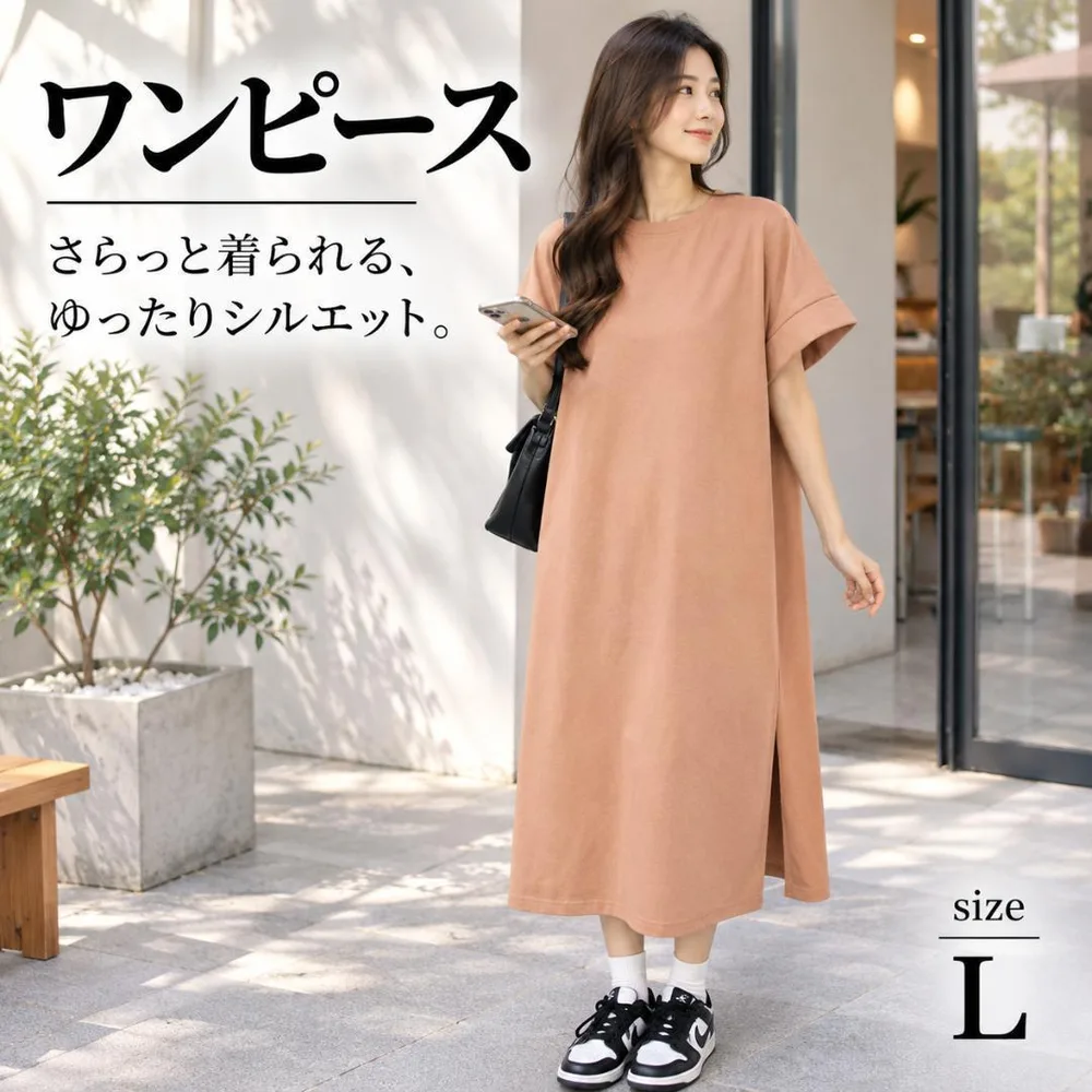ロングワンピース レディース 半袖 フレンチスリーブ ゆったり 体型カバー L