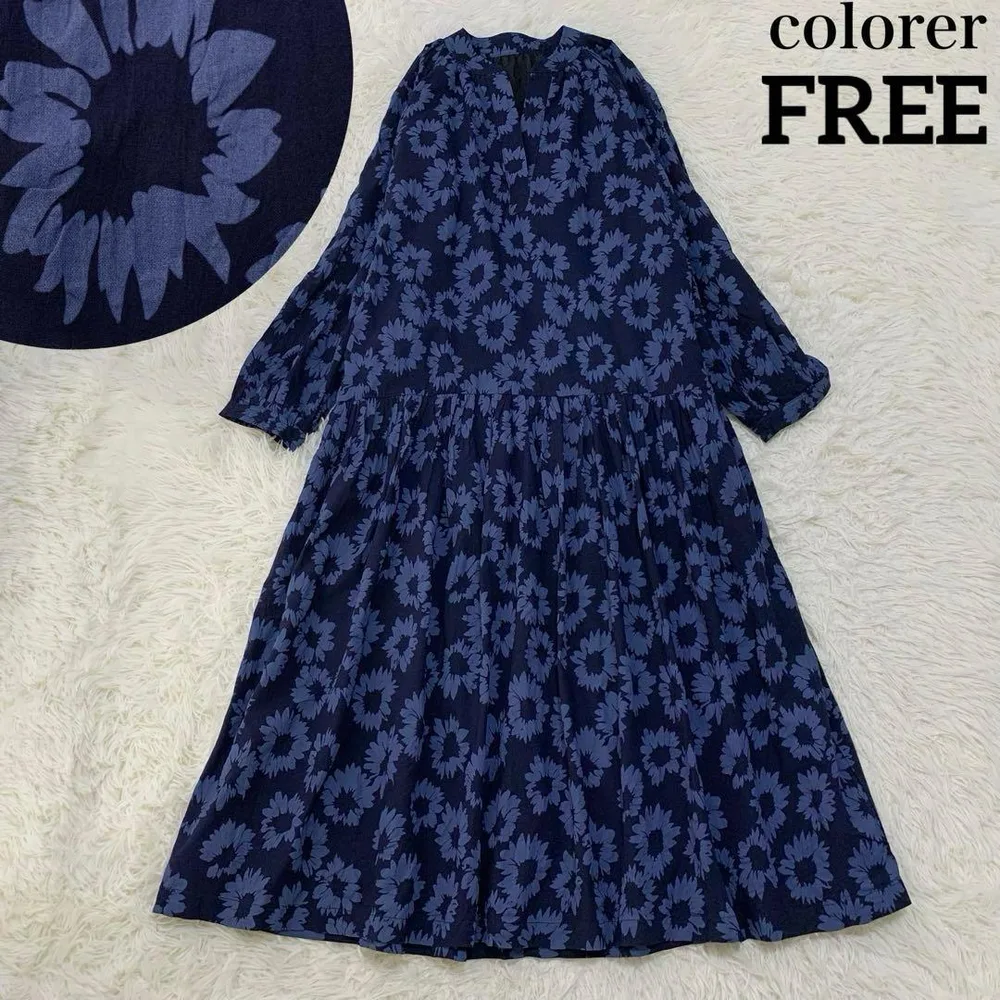 【美品】 colorer 花柄 ギャザー ワンピース ロング ティアード風 紺