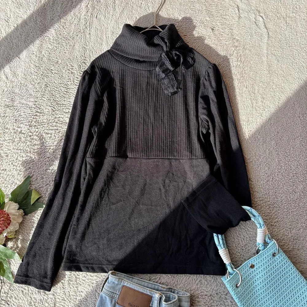 新品(M)美品 未使用 ニット セーター リブ タートルネック レース リボン