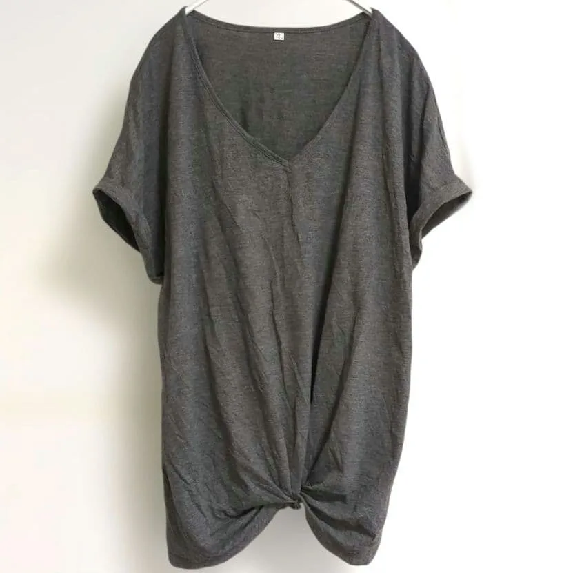 カットソー Vネック 半袖 無地 2XL 灰 綿 ツイスト ロールアップ