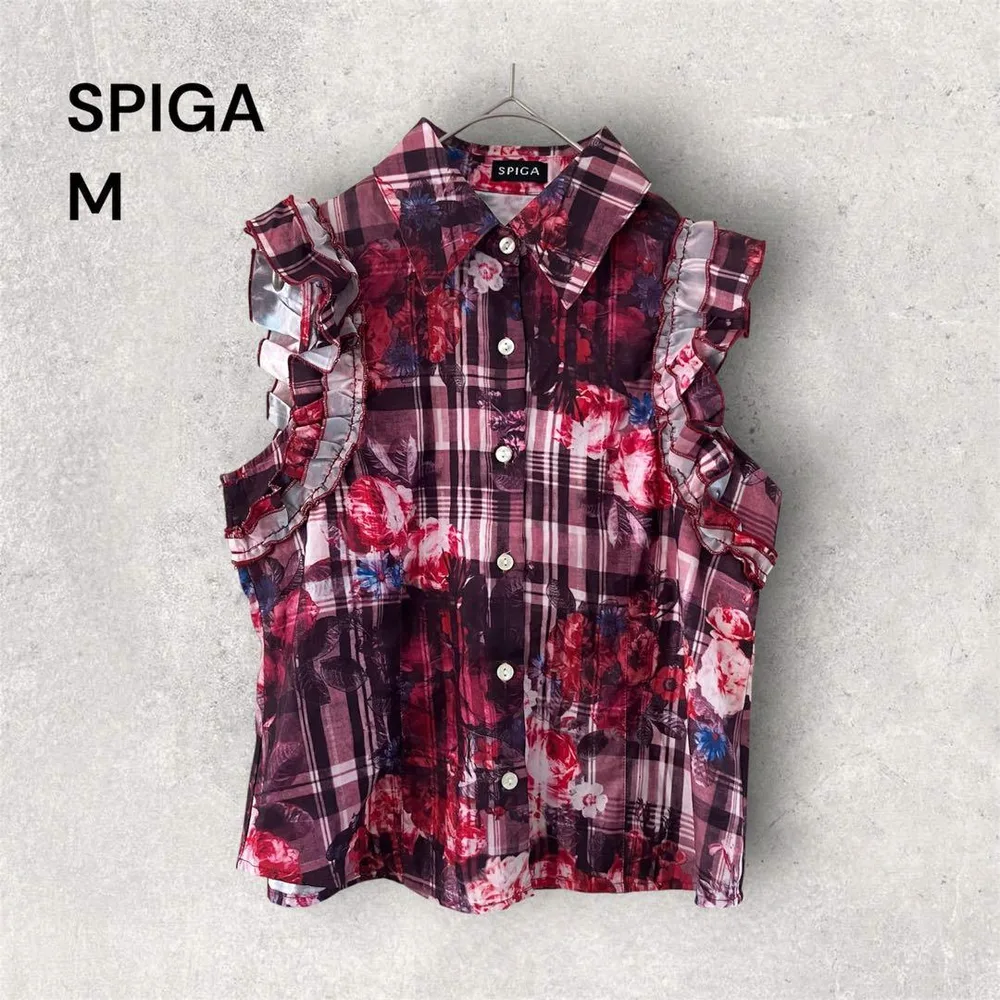 SPIGA スピーガ ブラウス ノースリーブ チェック 花柄 フリル 赤 M