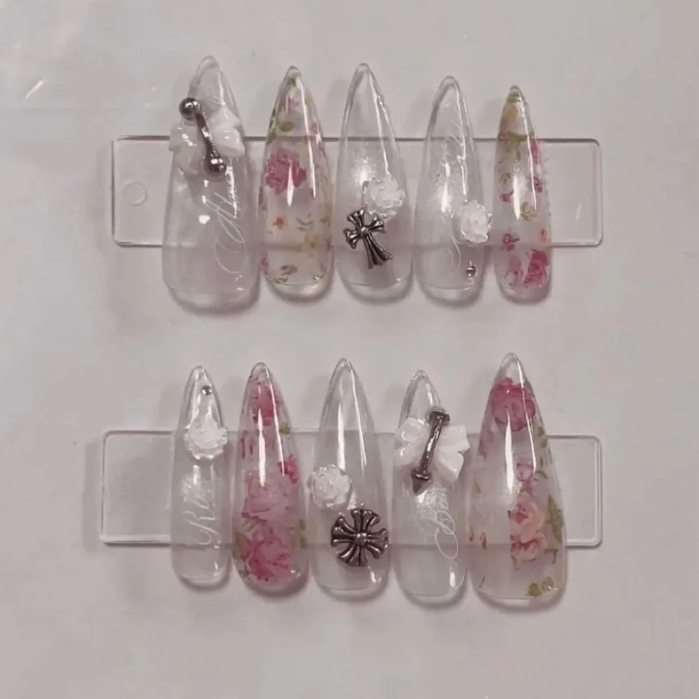 ネイルチップ バレエコア シズニルック ローズ 花柄 クロス リボン ガーリー