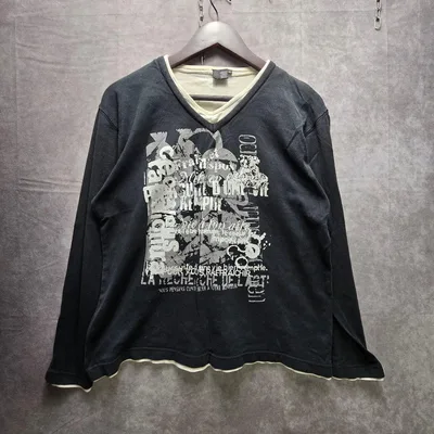 00s フェイクレイヤード 英字 ロンT M 黒 Y2K お兄系 ギャル男