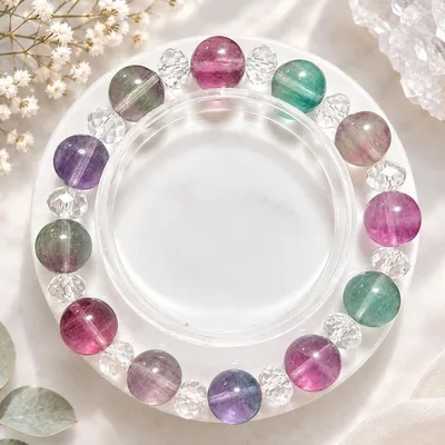 MIXフローライト×水晶カット デザインブレスレット 内径17cm