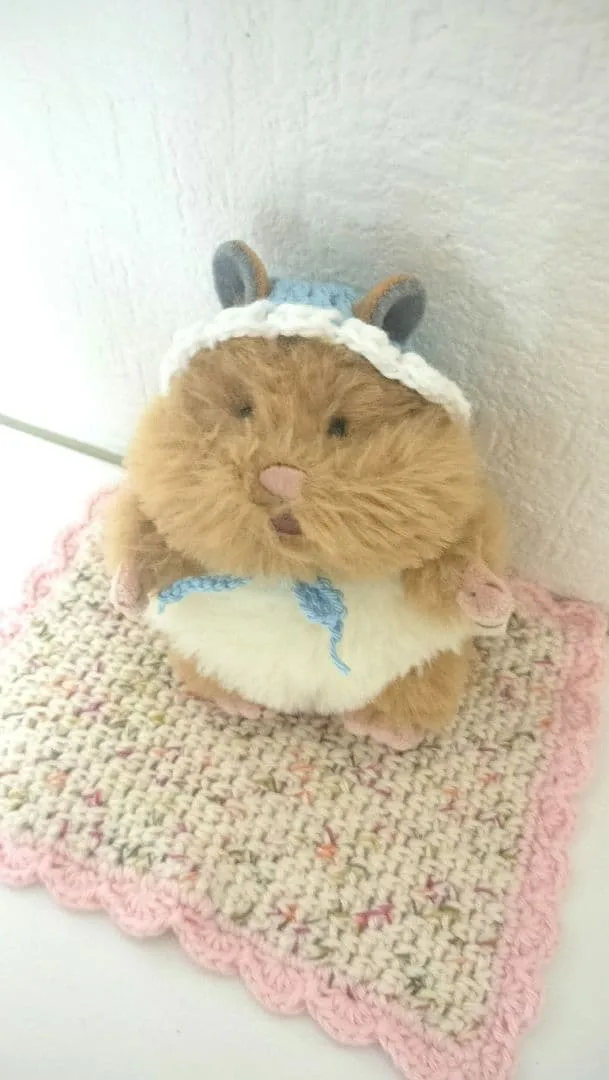 はむにぎり ボンネット 水色 かぎ針編み ぬい服