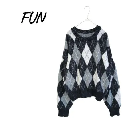 ファン【F】 アーガイル柄 シャギーニット 長袖 トップス ゆったり レディース