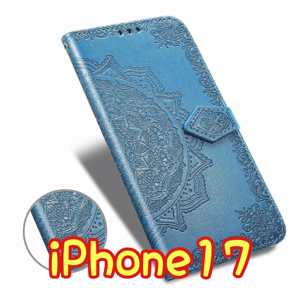 エンボス加工スマホケース 手帳型 iPhone17 ブルー ⑤