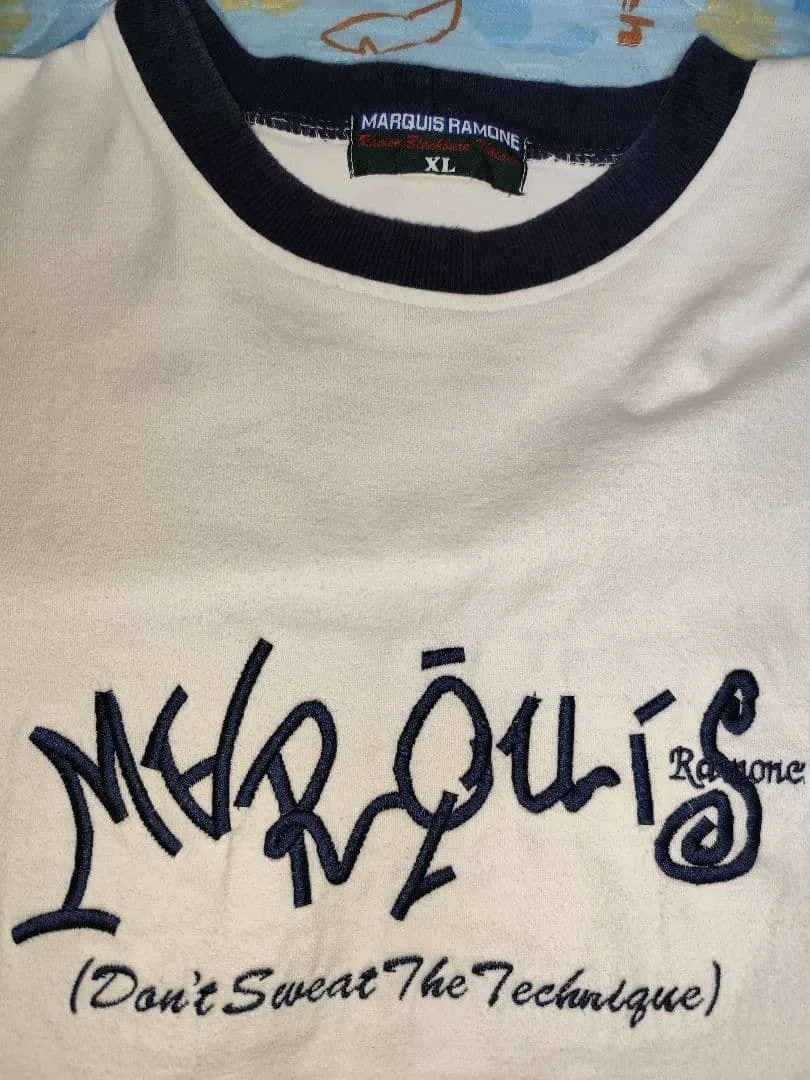 【90sUSA製】MARQUIS RAMONE 刺繍ロゴ リンガーTシャツ XL