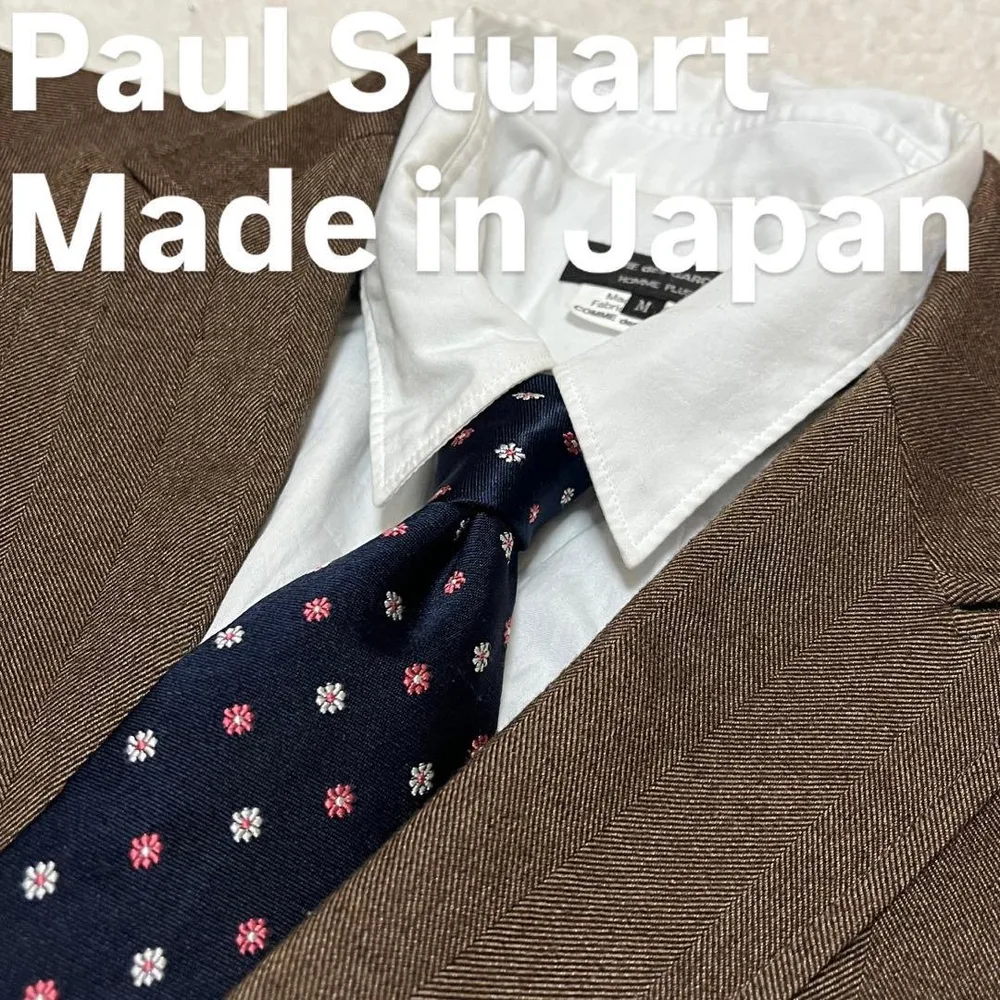 日本製Paul Stuart ネイビー 花柄小紋柄シルクネクタイ ドット柄