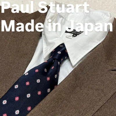 日本製Paul Stuart ネイビー 花柄小紋柄シルクネクタイ ドット柄