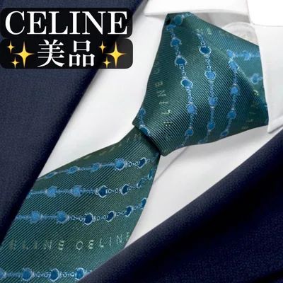 美品✨CELINE ネクタイ チェーン柄 ロゴ グリーン ジャガード