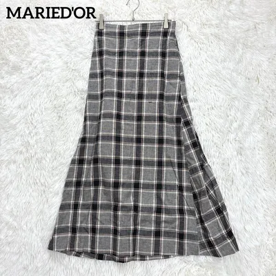 マリードール ロングスカート グレー チェック柄 ウエストゴム フレア 綿 麻