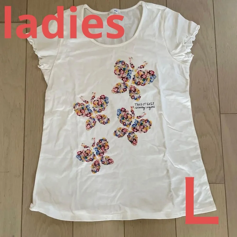 レディース 半袖Tシャツ 花柄 蝶々プリント Lサイズ