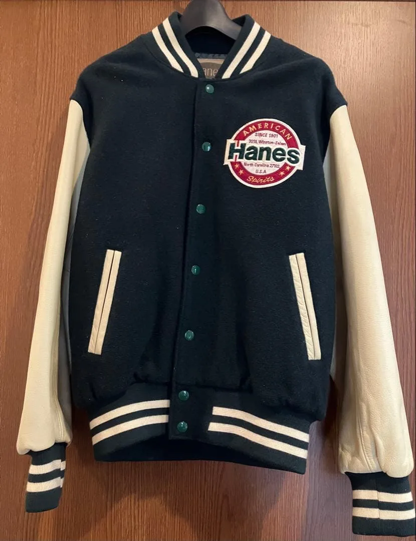 Hanes スタジャン 袖レザー グリーン ヘインズ 日本製