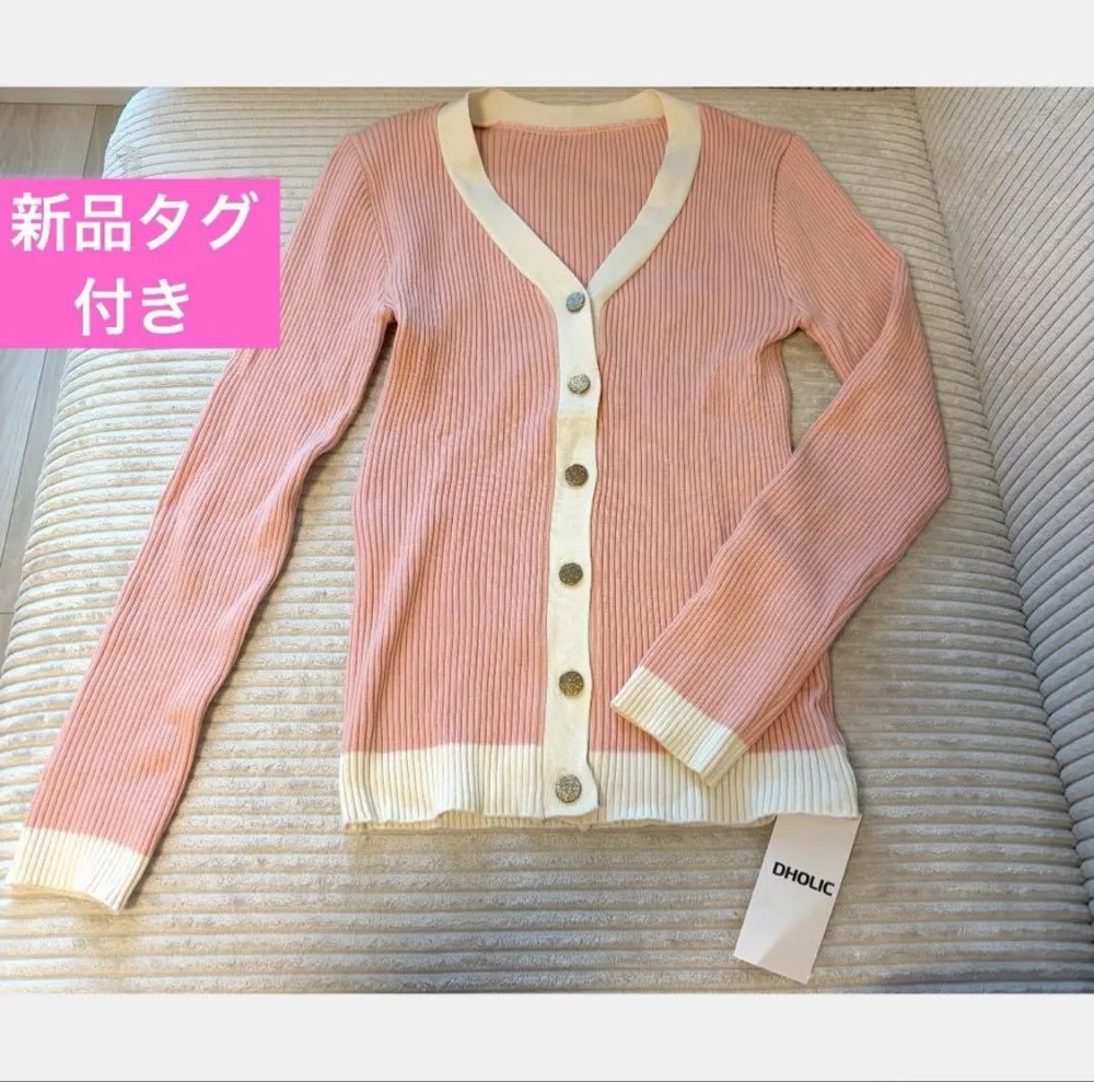 【新品】DHOLIC ゴールドボタンリブ配色カーディガン ピンク フリーサイズ