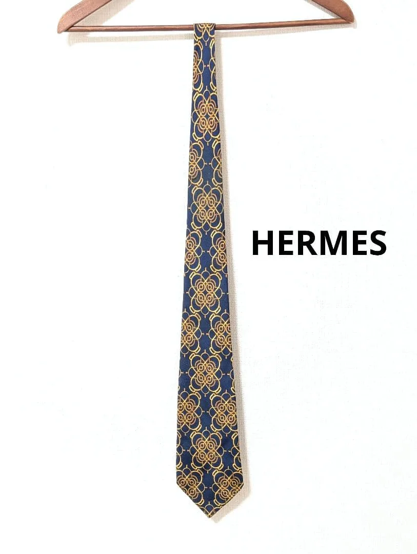 HERMES エルメス ネクタイ ネイビー ゴールド チェーン柄 シルク100%