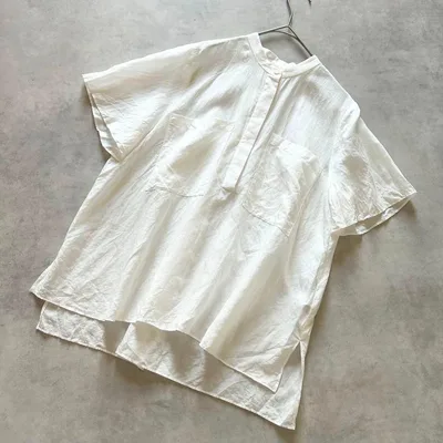 SHIPSシップスウォッシャブルリネンスタンドバンドカラー ポケット シャツ 白