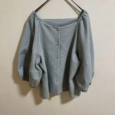 grove グローブ 七分袖ブラウス チェック柄 ブルー系 S