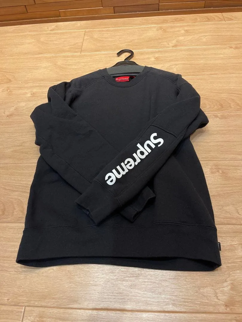 Supreme 袖ロゴ クルーネック スウェット ブラック S