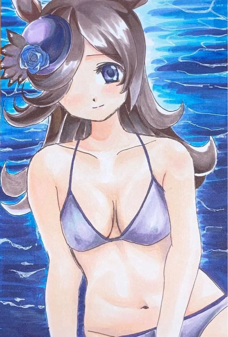 手描きイラスト ウマ娘 ライスシャワー 水着姿 コピック 原画 萌え絵 美少女