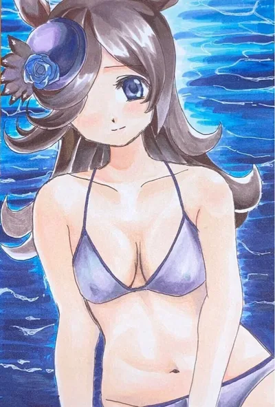 手描きイラスト ウマ娘 ライスシャワー 水着姿 コピック 原画 萌え絵 美少女