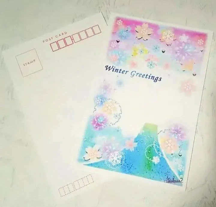 寒中お見舞いはがき10枚 雪桜の富士山 パステルアート ポストカード 年賀 喪中