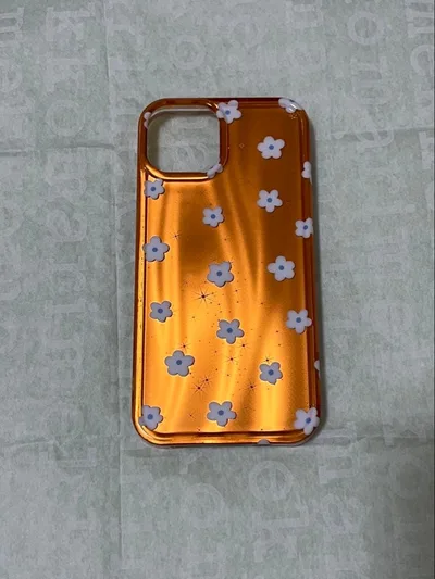 【iPhone13】オレンジ メタリック フラワー 花柄 スマホケース