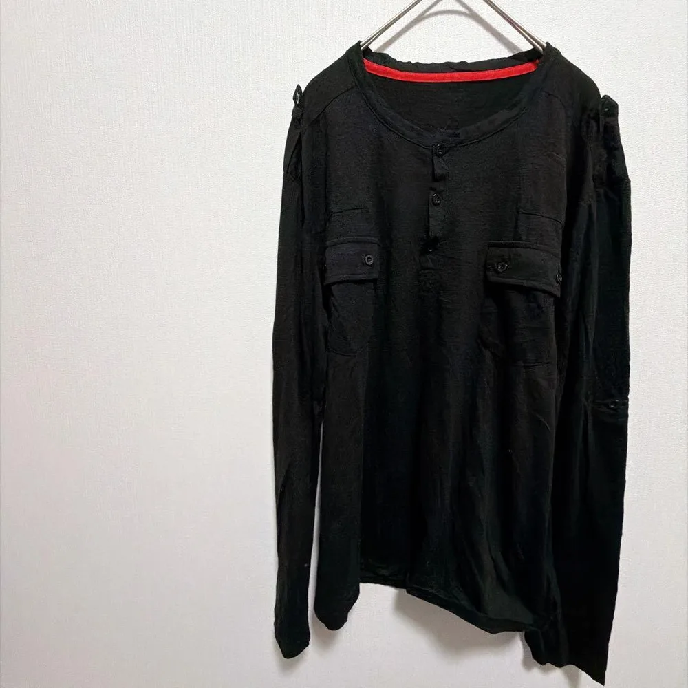 00s Y2K ミリタリー ヘンリーネック ロンT 黒 デザイン古着 RPR