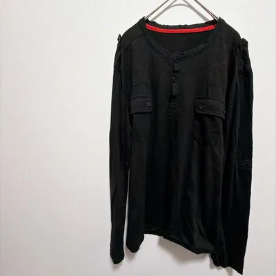 00s Y2K ミリタリー ヘンリーネック ロンT 黒 デザイン古着 RPR