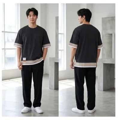 【新品】メンズ フェイクレイヤード 半袖Tシャツ ゆったり 2XL ブラック