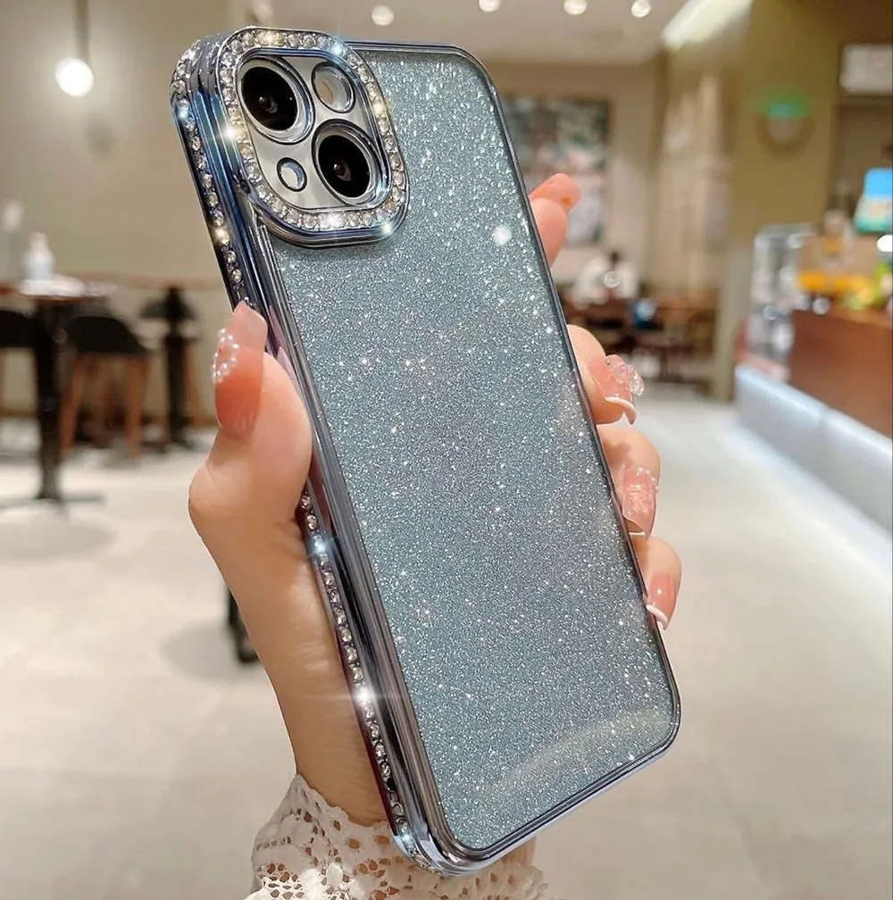 【新品・未使用】iPhone15 ケース ブルー ラメ キラキラ ラインストーン