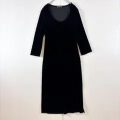 ワイルド ワンピース Uネック 七分袖 黒 ベロア L スリット フォーマル
