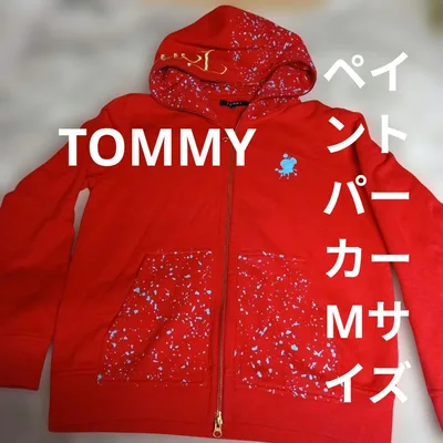 TOMMY ジップアップパーカー レッド ペイント柄 Mサイズ