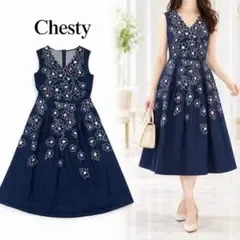 F53 M チェスティ デニム 花刺繍 フレア Aライン ワンピース レディース