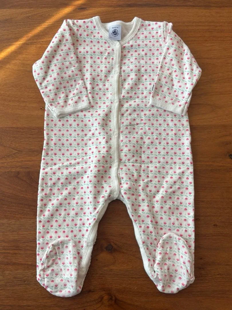 プチバトー 花柄 ロンパース 足付き 裏起毛 6m 67cm 女の子