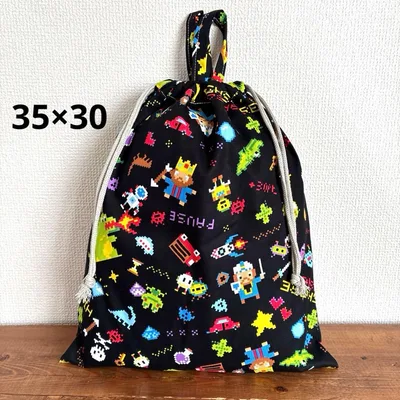 35×30cmお着替え袋<くろ×ドット絵>体操着袋 持ち手つき巾着袋男の子女の子