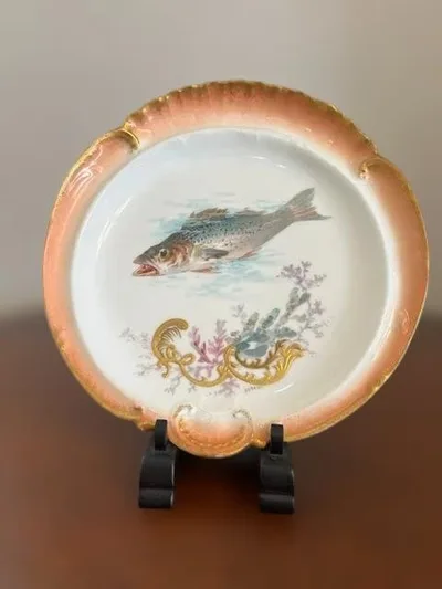 リモージュ アンティーク 魚絵皿 金彩装飾